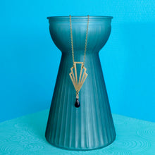 Charger l'image dans la galerie, Parure de bijoux Art Déco collier et boucles d'oreilles éventail graphiques bronze et émail noir