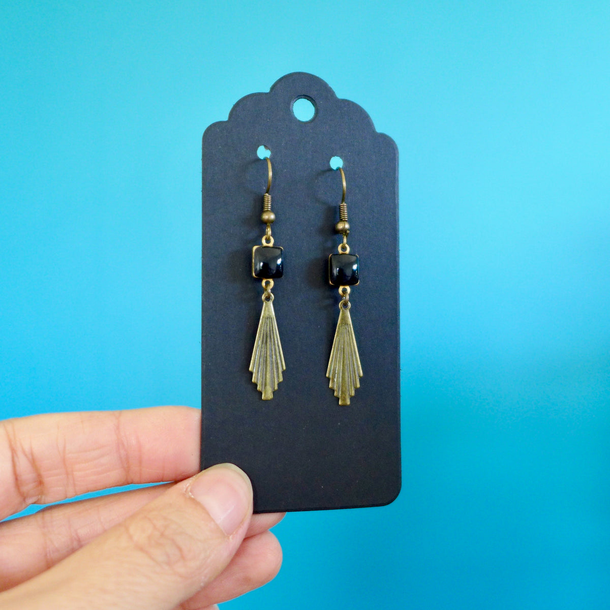 Boucles d'oreilles Art Déco fine estampe éventail bronze et émail noir