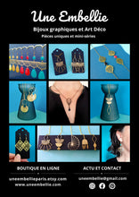 Charger l'image dans la galerie, Boucles d'oreilles asymétriques Art Déco dorées et bleu canard, grandes boucles géométriques rondes éventail or émail turquoise foncé