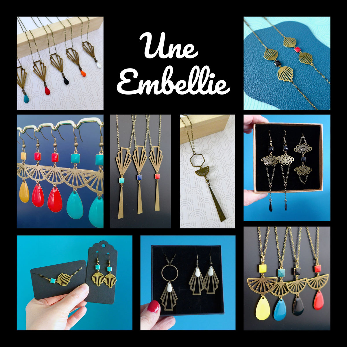 Boucles d'oreilles Art Déco fine estampe éventail bronze et émail noir