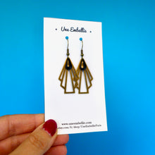 Charger l'image dans la galerie, Parure de bijoux Art Déco collier et boucles d'oreilles éventail graphiques bronze et émail noir