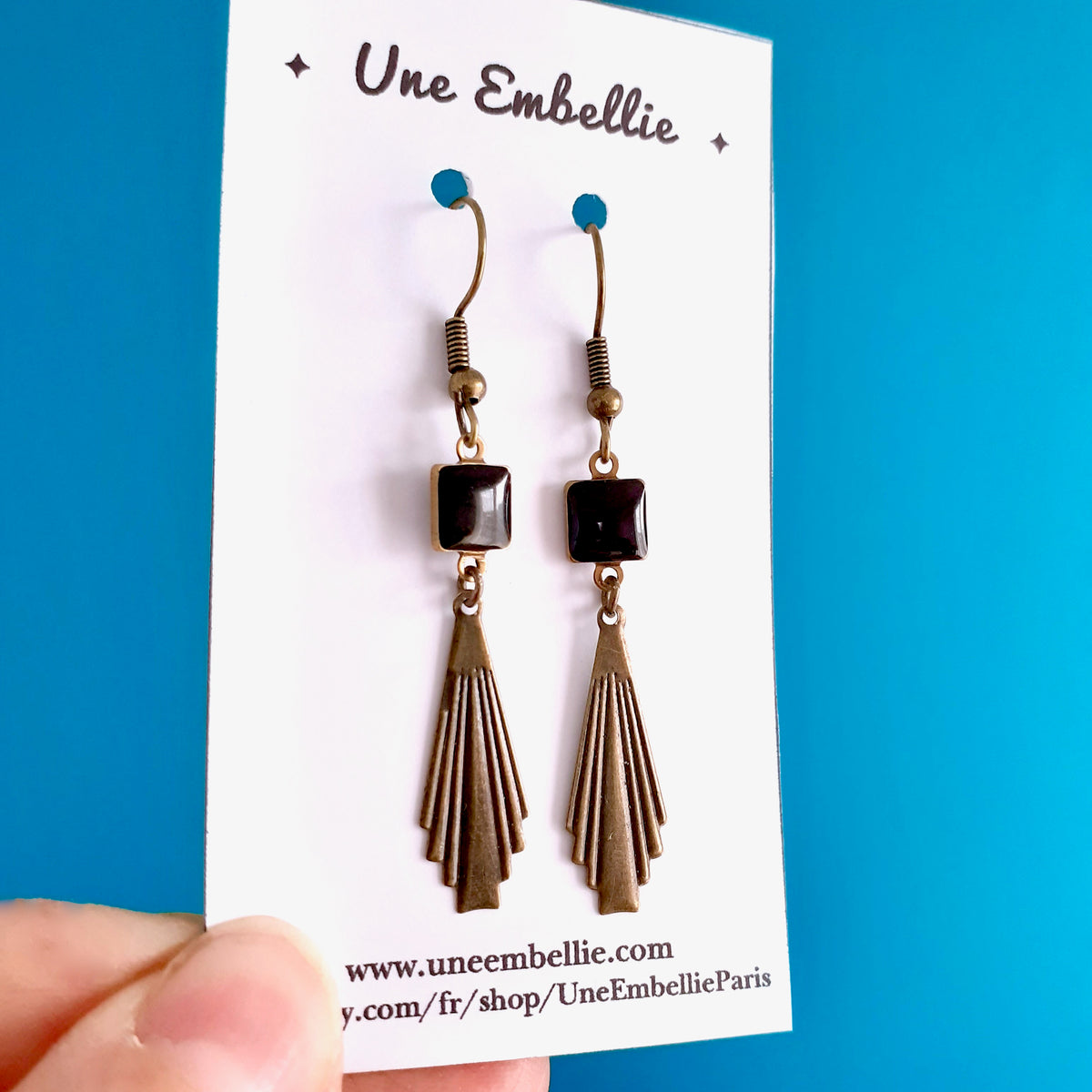 Boucles d'oreilles Art Déco fine estampe éventail bronze et émail noir