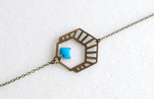 Charger l'image dans la galerie, Bracelet hexagone graphique Art Déco en laiton et émail turquoise