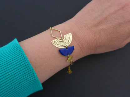 Bracelet graphique art déco doré et bleu