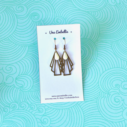 Boucles d'oreilles éventail graphique Art Déco bronze et blanc