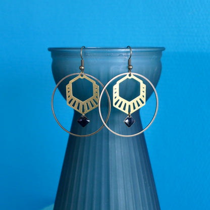 Boucles d'oreilles créoles hexagone graphique Art Déco noir, blanc, turquoise ou vert
