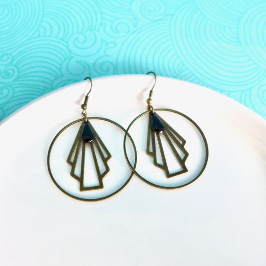 Boucles d'oreilles créoles Art Déco éventail graphique bronze et noir