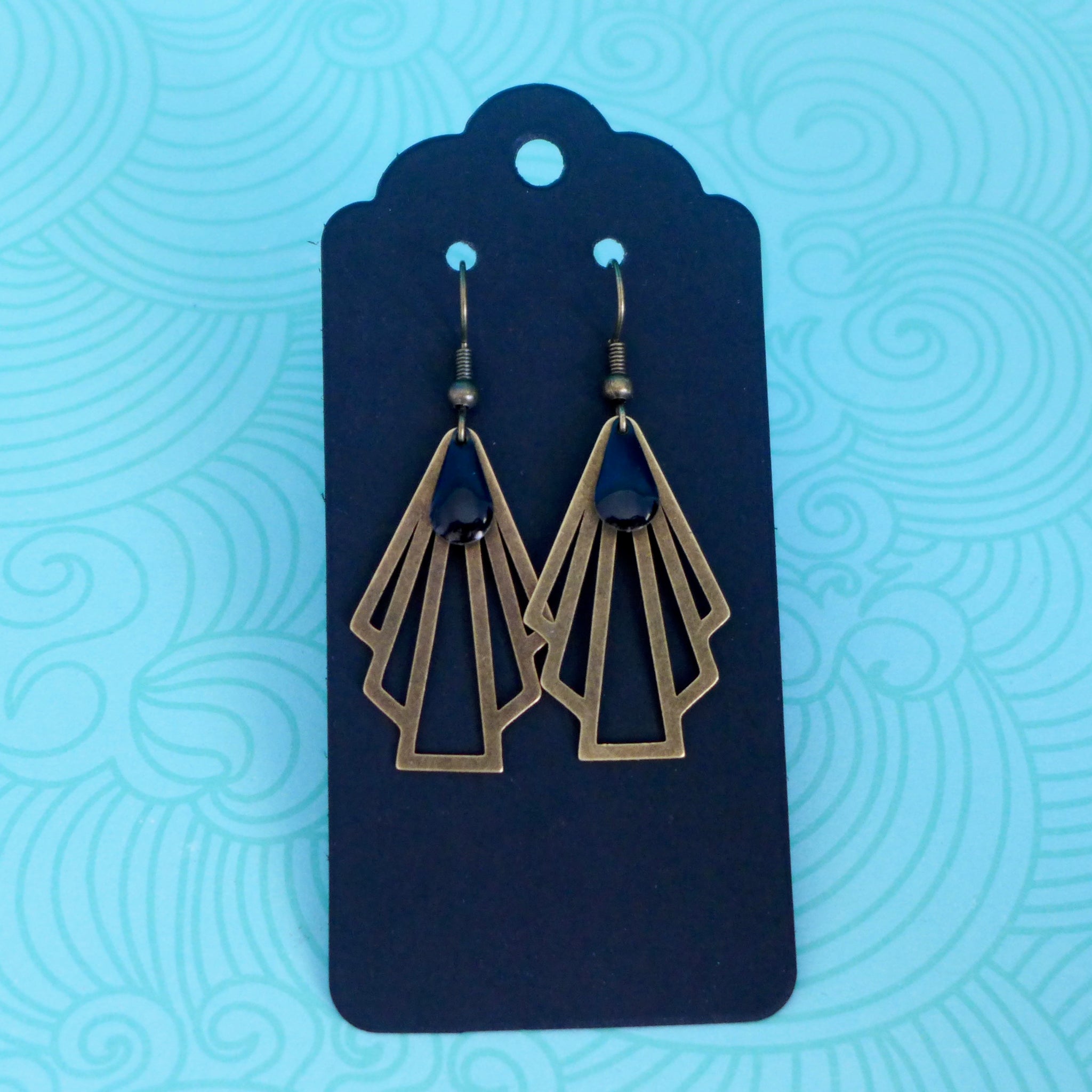 Boucles D'oreilles Clips Anciennes Or émail Noir Style Art Déco - état Parfait