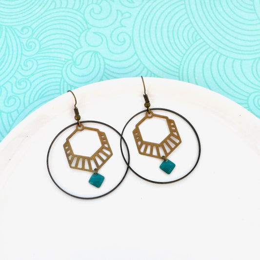 Boucles d'oreilles créoles hexagone graphique Art Déco noir, blanc, turquoise ou vert