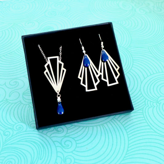Parure de bijoux argentés éventail graphique Art Déco bleu marine