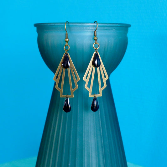 Boucles d'oreilles éventail graphique Art Déco 2 gouttes noires suspendues