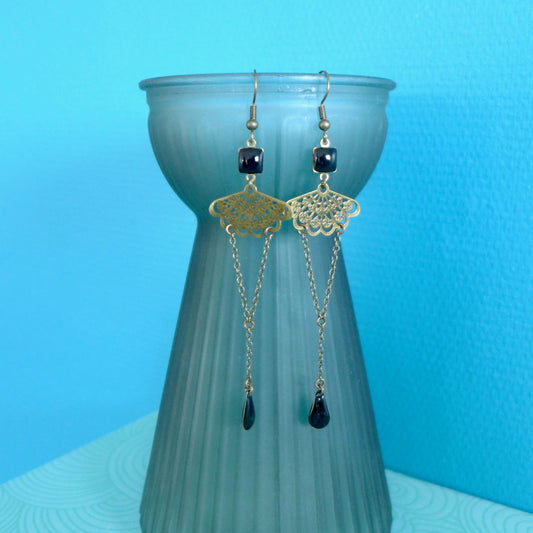 Boucles d'oreilles Art Nouveau rétro vintage bronze et noir