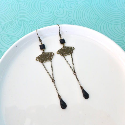 Boucles d'oreilles Art Nouveau rétro vintage bronze et noir