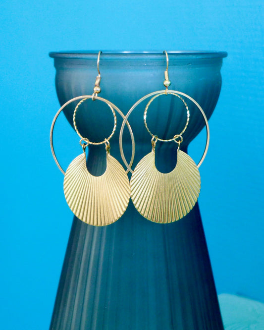 Grandes boucles d'oreilles dorées Art Déco rondes striées