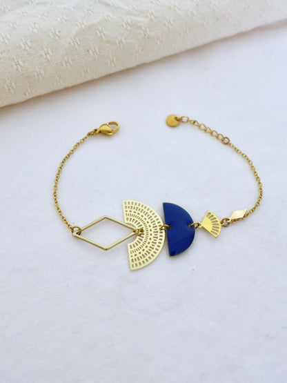 Bracelet graphique art déco doré et bleu