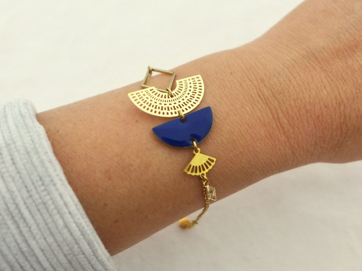 Bracelet graphique art déco doré et bleu
