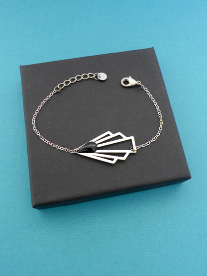 Bracelet éventail graphique Art Déco argenté et émail noir