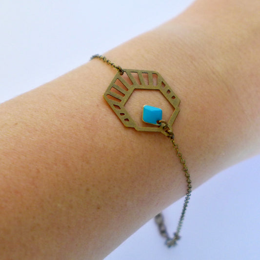 Bracelet hexagone graphique Art Déco en laiton bronzer et émail turquoise