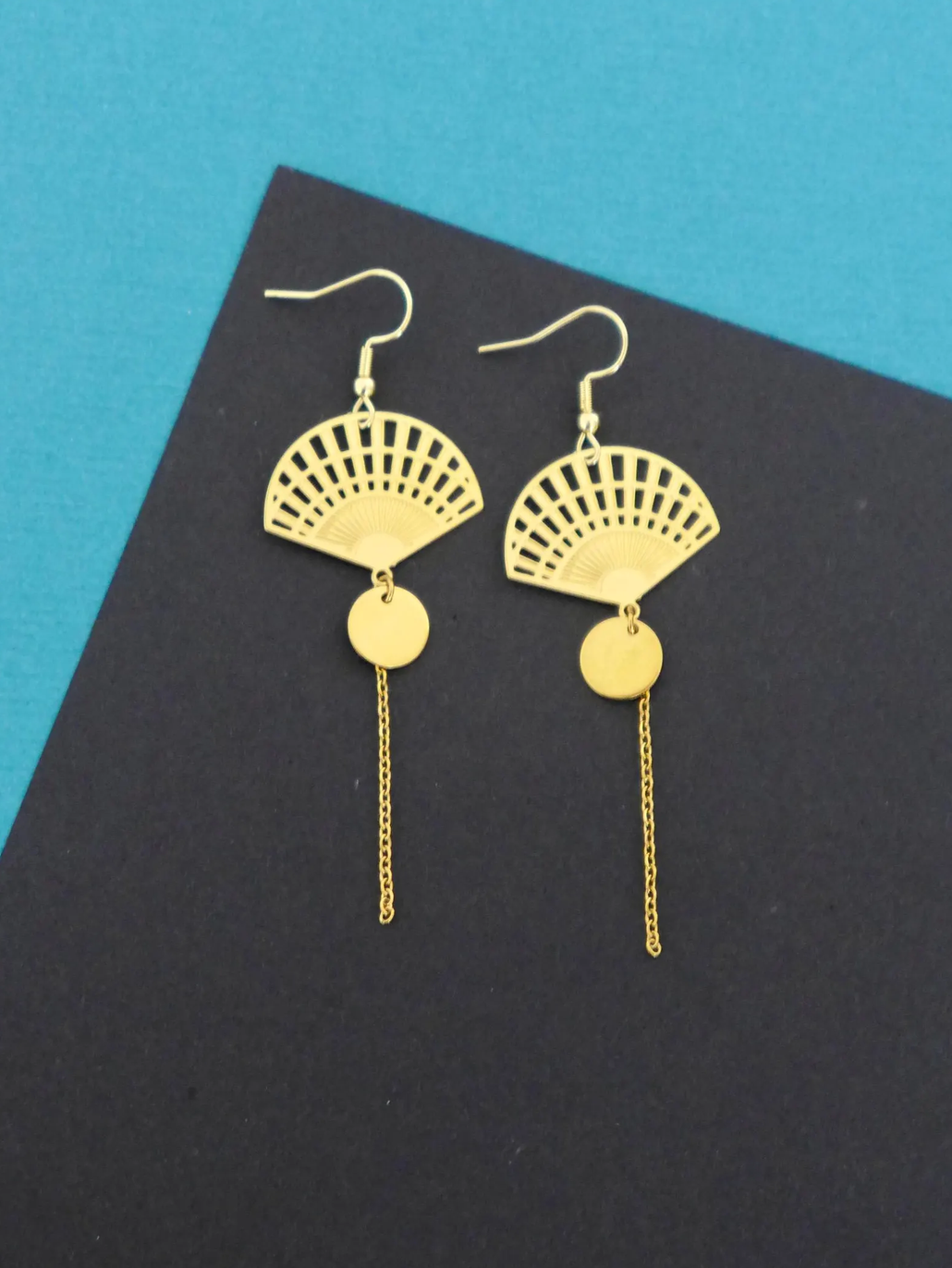 Boucles d'oreilles éventail graphique japonais Art Déco doré