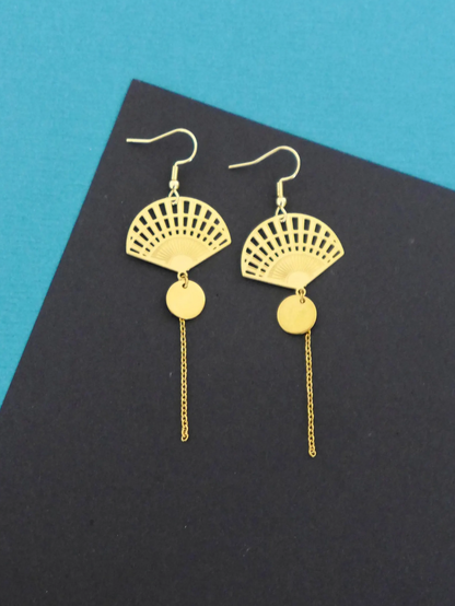 Boucles d'oreilles éventail graphique japonais Art Déco doré