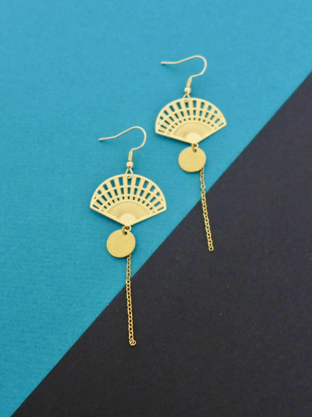 Boucles d'oreilles éventail graphique japonais Art Déco doré