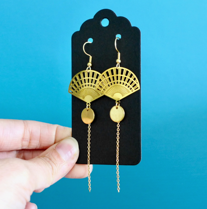 Boucles d'oreilles éventail graphique japonais Art Déco doré
