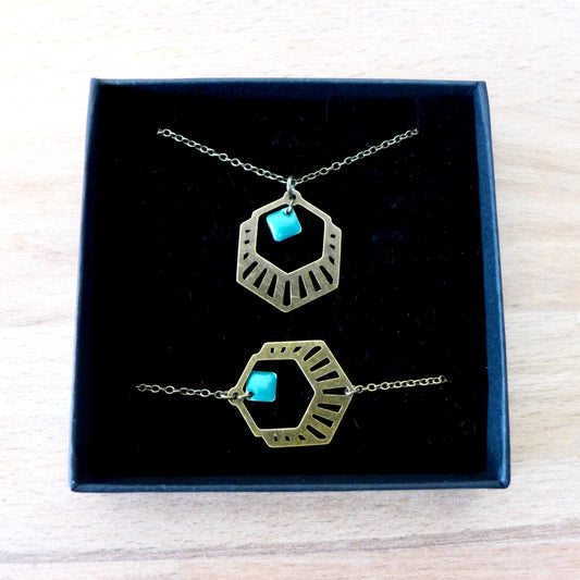 coffret cadeau bijoux assortis bronze et émail bleu canard Une Embellie