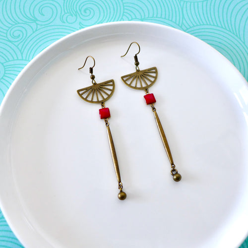 longues boucles oreilles art déco rouge Une Embellie