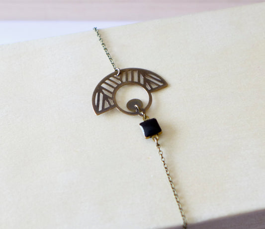 Bracelet graphique Art Déco en laiton bronze et émail noir