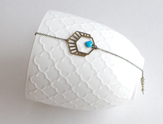 Bracelet hexagone graphique Art Déco en laiton bronzer et émail turquoise